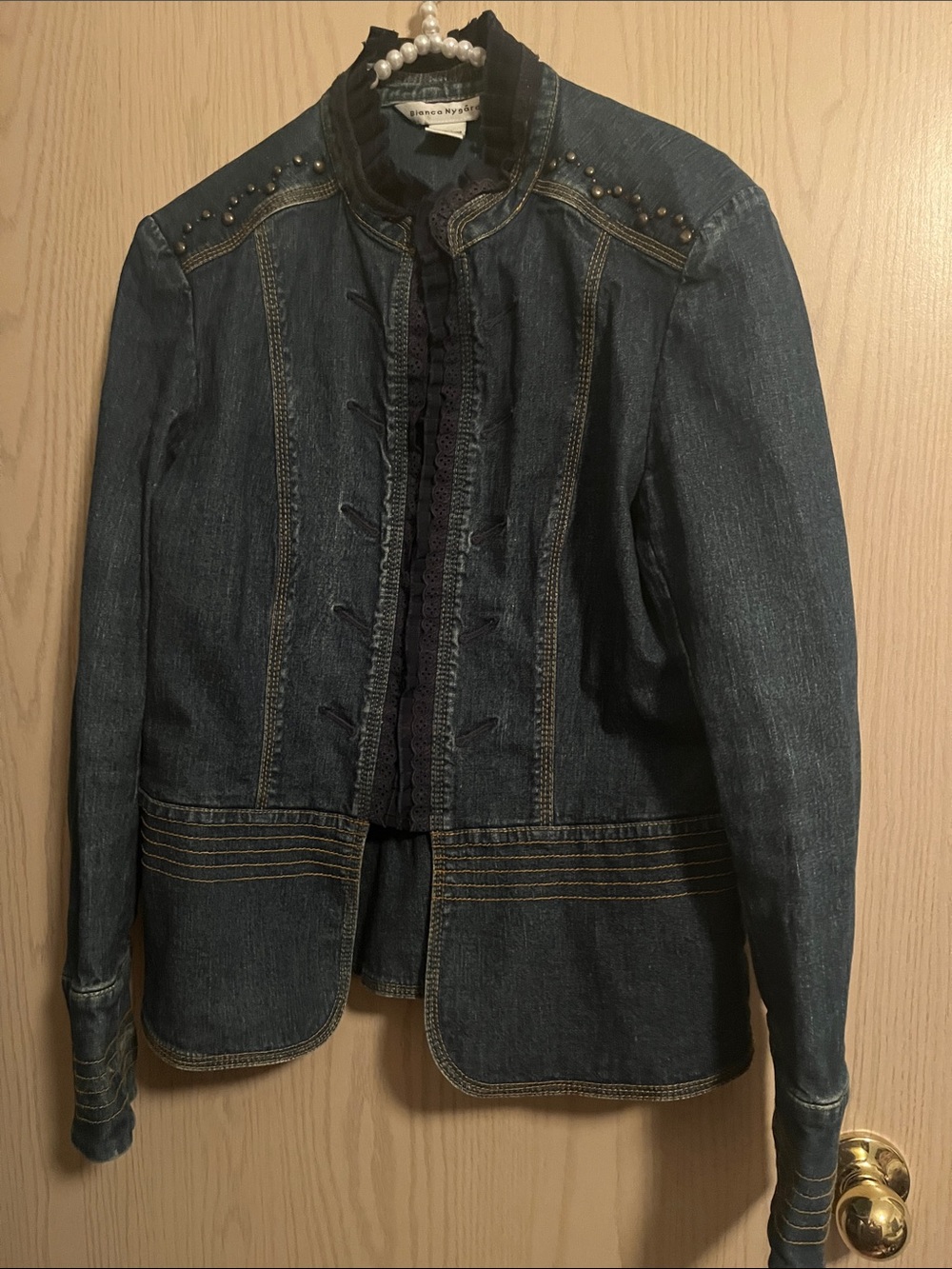 Women's Dark Blue Ruffled Collar Denim Jacket